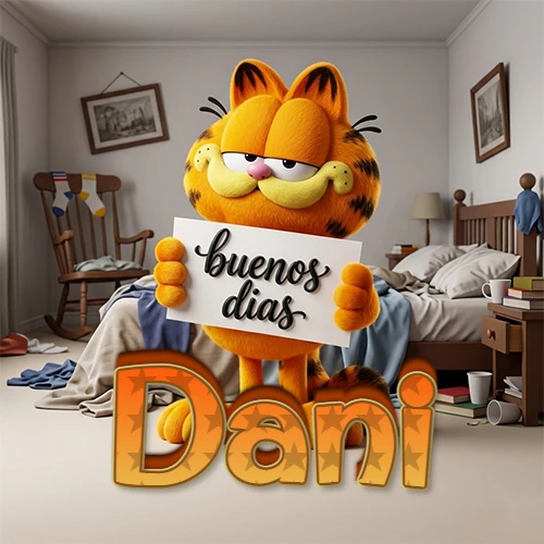 Garfield en dormitorio con pizarra blanca que dice 'Buenos Días', nombre en base 3D degradada naranja abajo. Nombre personalizado: Dani. Garfield en dormitorio con pizarra blanca que dice 'Buenos Días', nombre en base 3D degradada naranja abajo. Nombre personalizado: Dani.