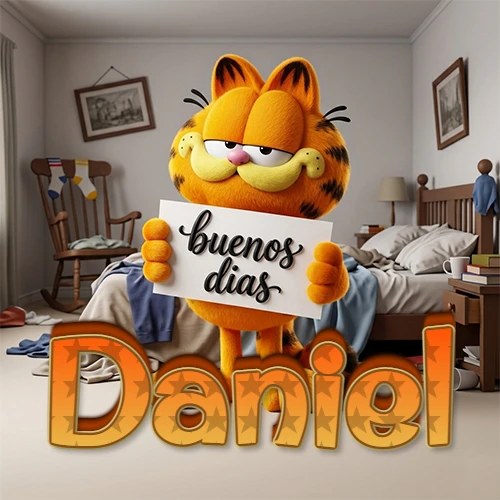 Garfield en dormitorio con pizarra blanca que dice 'Buenos Días', nombre en base 3D degradada naranja abajo. Nombre personalizado: Daniel. Garfield en dormitorio con pizarra blanca que dice 'Buenos Días', nombre en base 3D degradada naranja abajo. Nombre personalizado: Daniel.