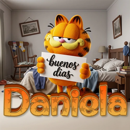 Garfield en dormitorio con pizarra blanca que dice 'Buenos Días', nombre en base 3D degradada naranja abajo. Nombre personalizado: Daniela. Garfield en dormitorio con pizarra blanca que dice 'Buenos Días', nombre en base 3D degradada naranja abajo. Nombre personalizado: Daniela.