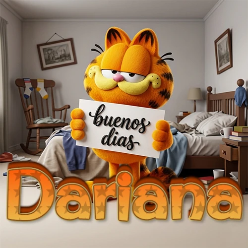Garfield en dormitorio con pizarra blanca que dice 'Buenos Días', nombre en base 3D degradada naranja abajo. Nombre personalizado: Dariana. Garfield en dormitorio con pizarra blanca que dice 'Buenos Días', nombre en base 3D degradada naranja abajo. Nombre personalizado: Dariana.