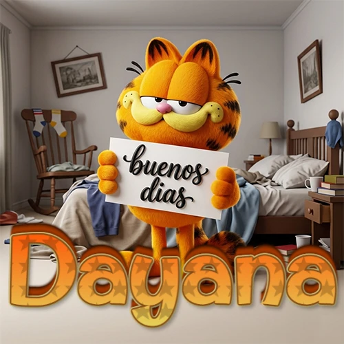 Garfield en dormitorio con pizarra blanca que dice 'Buenos Días', nombre en base 3D degradada naranja abajo. Nombre personalizado: Dayana. Garfield en dormitorio con pizarra blanca que dice 'Buenos Días', nombre en base 3D degradada naranja abajo. Nombre personalizado: Dayana.