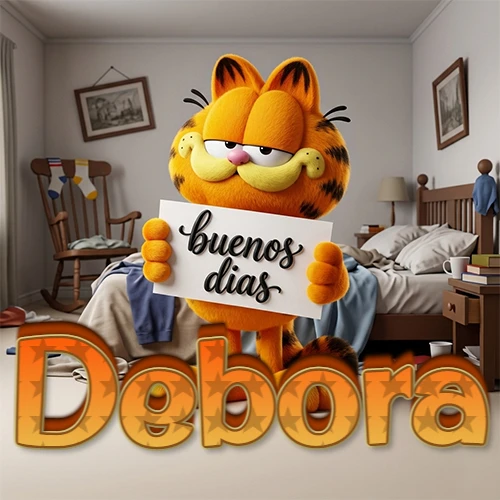 Garfield en dormitorio con pizarra blanca que dice 'Buenos Días', nombre en base 3D degradada naranja abajo. Nombre personalizado: Debora. Garfield en dormitorio con pizarra blanca que dice 'Buenos Días', nombre en base 3D degradada naranja abajo. Nombre personalizado: Debora.