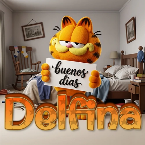 Garfield en dormitorio con pizarra blanca que dice 'Buenos Días', nombre en base 3D degradada naranja abajo. Nombre personalizado: Delfina. Garfield en dormitorio con pizarra blanca que dice 'Buenos Días', nombre en base 3D degradada naranja abajo. Nombre personalizado: Delfina.