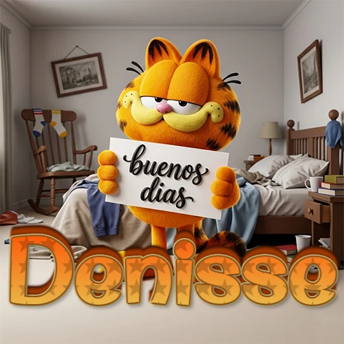 Garfield en dormitorio con pizarra blanca que dice 'Buenos Días', nombre en base 3D degradada naranja abajo. Nombre personalizado: Denisse. Garfield en dormitorio con pizarra blanca que dice 'Buenos Días', nombre en base 3D degradada naranja abajo. Nombre personalizado: Denisse.