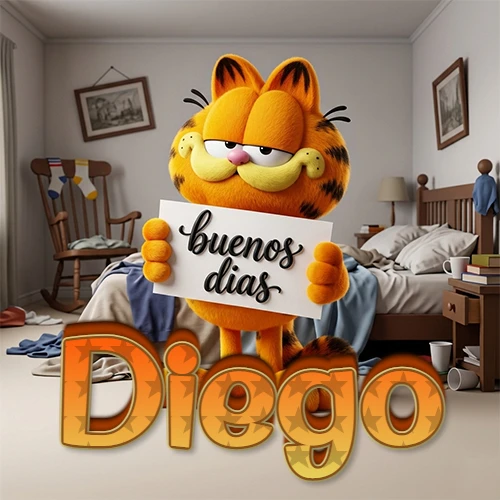 Garfield en dormitorio con pizarra blanca que dice 'Buenos Días', nombre en base 3D degradada naranja abajo. Nombre personalizado: Diego. Garfield en dormitorio con pizarra blanca que dice 'Buenos Días', nombre en base 3D degradada naranja abajo. Nombre personalizado: Diego.