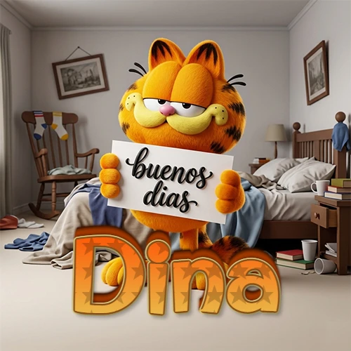 Garfield en dormitorio con pizarra blanca que dice 'Buenos Días', nombre en base 3D degradada naranja abajo. Nombre personalizado: Dina. Garfield en dormitorio con pizarra blanca que dice 'Buenos Días', nombre en base 3D degradada naranja abajo. Nombre personalizado: Dina.