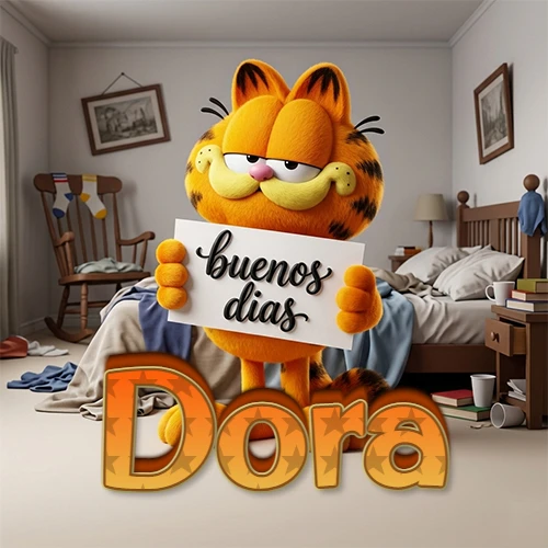 Garfield en dormitorio con pizarra blanca que dice 'Buenos Días', nombre en base 3D degradada naranja abajo. Nombre personalizado: Dora. Garfield en dormitorio con pizarra blanca que dice 'Buenos Días', nombre en base 3D degradada naranja abajo. Nombre personalizado: Dora.