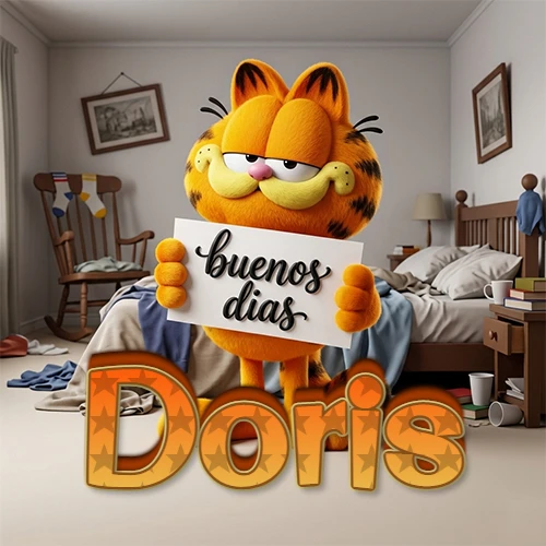 Garfield en dormitorio con pizarra blanca que dice 'Buenos Días', nombre en base 3D degradada naranja abajo. Nombre personalizado: Doris. Garfield en dormitorio con pizarra blanca que dice 'Buenos Días', nombre en base 3D degradada naranja abajo. Nombre personalizado: Doris.