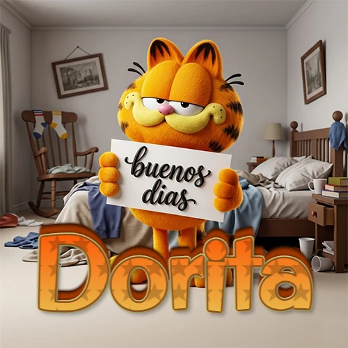 Garfield en dormitorio con pizarra blanca que dice 'Buenos Días', nombre en base 3D degradada naranja abajo. Nombre personalizado: Dorita. Garfield en dormitorio con pizarra blanca que dice 'Buenos Días', nombre en base 3D degradada naranja abajo. Nombre personalizado: Dorita.