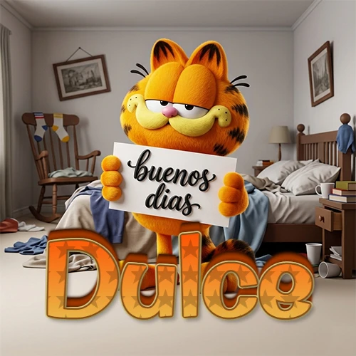 Garfield en dormitorio con pizarra blanca que dice 'Buenos Días', nombre en base 3D degradada naranja abajo. Nombre personalizado: Dulce. Garfield en dormitorio con pizarra blanca que dice 'Buenos Días', nombre en base 3D degradada naranja abajo. Nombre personalizado: Dulce.