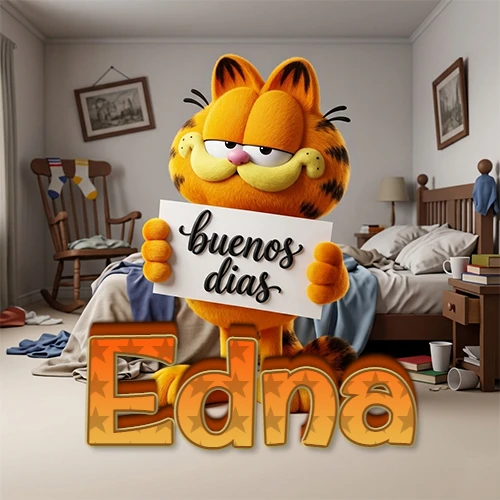 Garfield en dormitorio con pizarra blanca que dice 'Buenos Días', nombre en base 3D degradada naranja abajo. Nombre personalizado: Edna. Garfield en dormitorio con pizarra blanca que dice 'Buenos Días', nombre en base 3D degradada naranja abajo. Nombre personalizado: Edna.