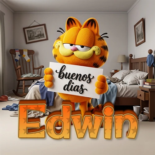 Garfield en dormitorio con pizarra blanca que dice 'Buenos Días', nombre en base 3D degradada naranja abajo. Nombre personalizado: Edwin. Garfield en dormitorio con pizarra blanca que dice 'Buenos Días', nombre en base 3D degradada naranja abajo. Nombre personalizado: Edwin.