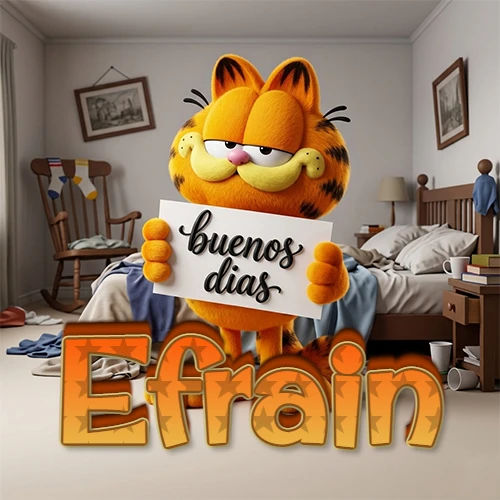 Garfield en dormitorio con pizarra blanca que dice 'Buenos Días', nombre en base 3D degradada naranja abajo. Nombre personalizado: Efrain. Garfield en dormitorio con pizarra blanca que dice 'Buenos Días', nombre en base 3D degradada naranja abajo. Nombre personalizado: Efrain.
