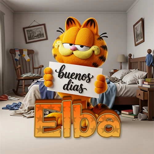 Garfield en dormitorio con pizarra blanca que dice 'Buenos Días', nombre en base 3D degradada naranja abajo. Nombre personalizado: Elba. Garfield en dormitorio con pizarra blanca que dice 'Buenos Días', nombre en base 3D degradada naranja abajo. Nombre personalizado: Elba.