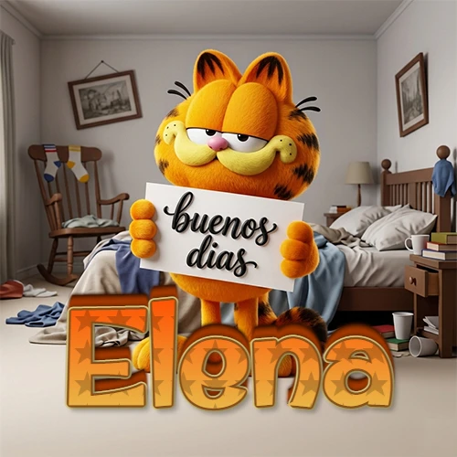 Garfield en dormitorio con pizarra blanca que dice 'Buenos Días', nombre en base 3D degradada naranja abajo. Nombre personalizado: Elena. Garfield en dormitorio con pizarra blanca que dice 'Buenos Días', nombre en base 3D degradada naranja abajo. Nombre personalizado: Elena.