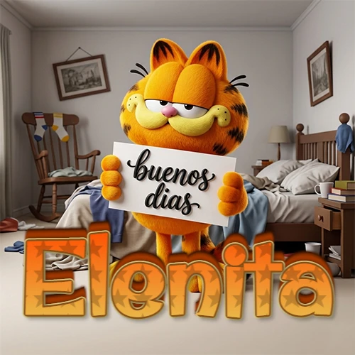 Garfield en dormitorio con pizarra blanca que dice 'Buenos Días', nombre en base 3D degradada naranja abajo. Nombre personalizado: Elenita. Garfield en dormitorio con pizarra blanca que dice 'Buenos Días', nombre en base 3D degradada naranja abajo. Nombre personalizado: Elenita.