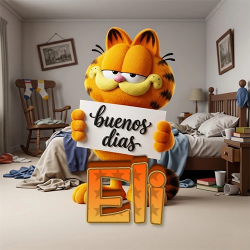 Garfield en dormitorio con pizarra blanca que dice 'Buenos Días', nombre en base 3D degradada naranja abajo. Nombre personalizado: Eli. Garfield en dormitorio con pizarra blanca que dice 'Buenos Días', nombre en base 3D degradada naranja abajo. Nombre personalizado: Eli.