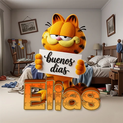 Garfield en dormitorio con pizarra blanca que dice 'Buenos Días', nombre en base 3D degradada naranja abajo. Nombre personalizado: Elias. Garfield en dormitorio con pizarra blanca que dice 'Buenos Días', nombre en base 3D degradada naranja abajo. Nombre personalizado: Elias.