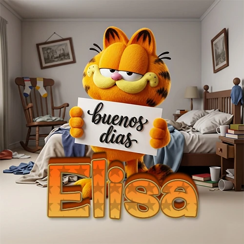 Garfield en dormitorio con pizarra blanca que dice 'Buenos Días', nombre en base 3D degradada naranja abajo. Nombre personalizado: Elisa. Garfield en dormitorio con pizarra blanca que dice 'Buenos Días', nombre en base 3D degradada naranja abajo. Nombre personalizado: Elisa.