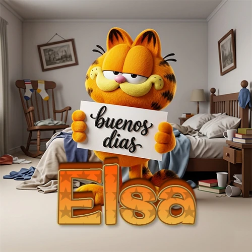 Garfield en dormitorio con pizarra blanca que dice 'Buenos Días', nombre en base 3D degradada naranja abajo. Nombre personalizado: Elsa.