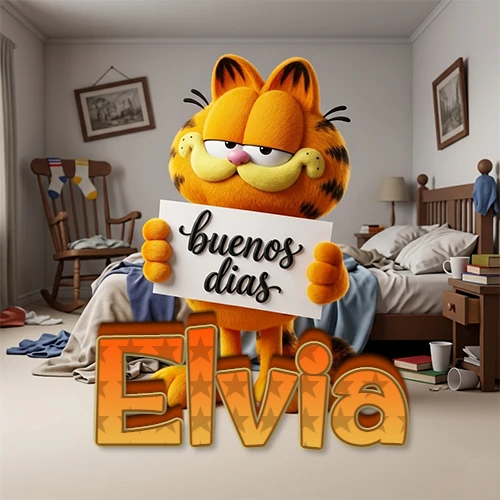 Garfield en dormitorio con pizarra blanca que dice 'Buenos Días', nombre en base 3D degradada naranja abajo. Nombre personalizado: Elvia. Garfield en dormitorio con pizarra blanca que dice 'Buenos Días', nombre en base 3D degradada naranja abajo. Nombre personalizado: Elvia.