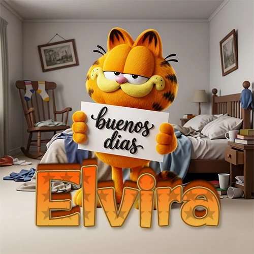 Garfield en dormitorio con pizarra blanca que dice 'Buenos Días', nombre en base 3D degradada naranja abajo. Nombre personalizado: Elvira. Garfield en dormitorio con pizarra blanca que dice 'Buenos Días', nombre en base 3D degradada naranja abajo. Nombre personalizado: Elvira.