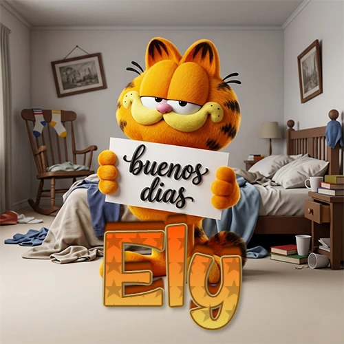 Garfield en dormitorio con pizarra blanca que dice 'Buenos Días', nombre en base 3D degradada naranja abajo. Nombre personalizado: Ely. Garfield en dormitorio con pizarra blanca que dice 'Buenos Días', nombre en base 3D degradada naranja abajo. Nombre personalizado: Ely.