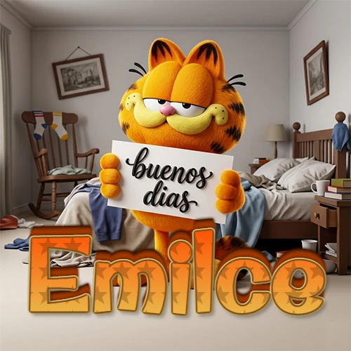 Garfield en dormitorio con pizarra blanca que dice 'Buenos Días', nombre en base 3D degradada naranja abajo. Nombre personalizado: Emilce. Garfield en dormitorio con pizarra blanca que dice 'Buenos Días', nombre en base 3D degradada naranja abajo. Nombre personalizado: Emilce.