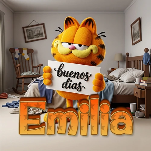 Garfield en dormitorio con pizarra blanca que dice 'Buenos Días', nombre en base 3D degradada naranja abajo. Nombre personalizado: Emilia. Garfield en dormitorio con pizarra blanca que dice 'Buenos Días', nombre en base 3D degradada naranja abajo. Nombre personalizado: Emilia.