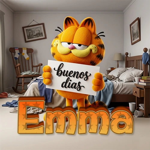 Garfield en dormitorio con pizarra blanca que dice 'Buenos Días', nombre en base 3D degradada naranja abajo. Nombre personalizado: Emma. Garfield en dormitorio con pizarra blanca que dice 'Buenos Días', nombre en base 3D degradada naranja abajo. Nombre personalizado: Emma.