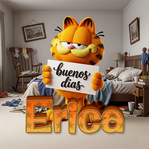 Garfield en dormitorio con pizarra blanca que dice 'Buenos Días', nombre en base 3D degradada naranja abajo. Nombre personalizado: Erica. Garfield en dormitorio con pizarra blanca que dice 'Buenos Días', nombre en base 3D degradada naranja abajo. Nombre personalizado: Erica.