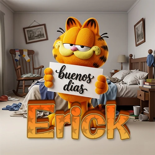 Garfield en dormitorio con pizarra blanca que dice 'Buenos Días', nombre en base 3D degradada naranja abajo. Nombre personalizado: Erick. Garfield en dormitorio con pizarra blanca que dice 'Buenos Días', nombre en base 3D degradada naranja abajo. Nombre personalizado: Erick.