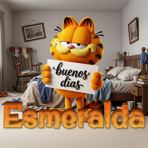 Garfield en dormitorio con pizarra blanca que dice 'Buenos Días', nombre en base 3D degradada naranja abajo. Nombre personalizado: Esmeralda. Garfield en dormitorio con pizarra blanca que dice 'Buenos Días', nombre en base 3D degradada naranja abajo. Nombre personalizado: Esmeralda.