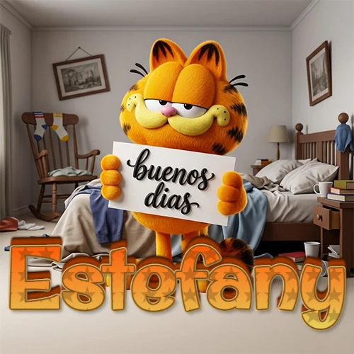 Garfield en dormitorio con pizarra blanca que dice 'Buenos Días', nombre en base 3D degradada naranja abajo. Nombre personalizado: Estefany. Garfield en dormitorio con pizarra blanca que dice 'Buenos Días', nombre en base 3D degradada naranja abajo. Nombre personalizado: Estefany.