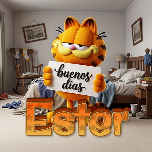 Garfield en dormitorio con pizarra blanca que dice 'Buenos Días', nombre en base 3D degradada naranja abajo. Nombre personalizado: Ester. Garfield en dormitorio con pizarra blanca que dice 'Buenos Días', nombre en base 3D degradada naranja abajo. Nombre personalizado: Ester.