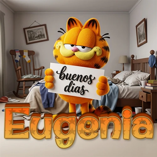Garfield en dormitorio con pizarra blanca que dice 'Buenos Días', nombre en base 3D degradada naranja abajo. Nombre personalizado: Eugenia. Garfield en dormitorio con pizarra blanca que dice 'Buenos Días', nombre en base 3D degradada naranja abajo. Nombre personalizado: Eugenia.