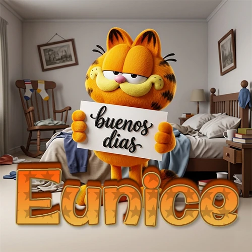 Garfield en dormitorio con pizarra blanca que dice 'Buenos Días', nombre en base 3D degradada naranja abajo. Nombre personalizado: Eunice. Garfield en dormitorio con pizarra blanca que dice 'Buenos Días', nombre en base 3D degradada naranja abajo. Nombre personalizado: Eunice.