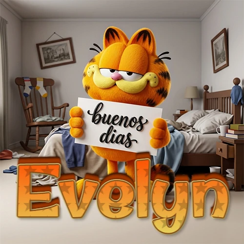Garfield en dormitorio con pizarra blanca que dice 'Buenos Días', nombre en base 3D degradada naranja abajo. Nombre personalizado: Evelyn. Garfield en dormitorio con pizarra blanca que dice 'Buenos Días', nombre en base 3D degradada naranja abajo. Nombre personalizado: Evelyn.