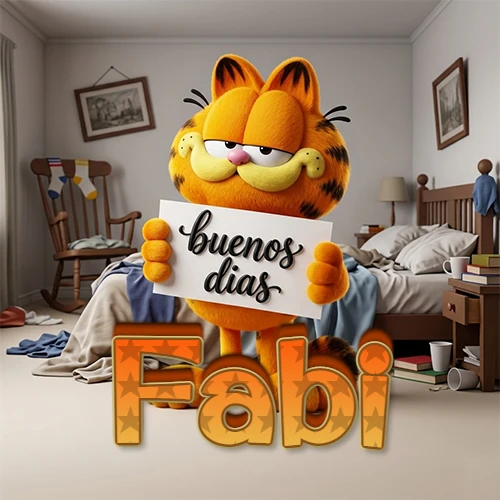 Garfield en dormitorio con pizarra blanca que dice 'Buenos Días', nombre en base 3D degradada naranja abajo. Nombre personalizado: Fabi. Garfield en dormitorio con pizarra blanca que dice 'Buenos Días', nombre en base 3D degradada naranja abajo. Nombre personalizado: Fabi.