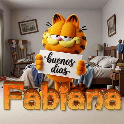 Garfield en dormitorio con pizarra blanca que dice 'Buenos Días', nombre en base 3D degradada naranja abajo. Nombre personalizado: Fabiana. Garfield en dormitorio con pizarra blanca que dice 'Buenos Días', nombre en base 3D degradada naranja abajo. Nombre personalizado: Fabiana.