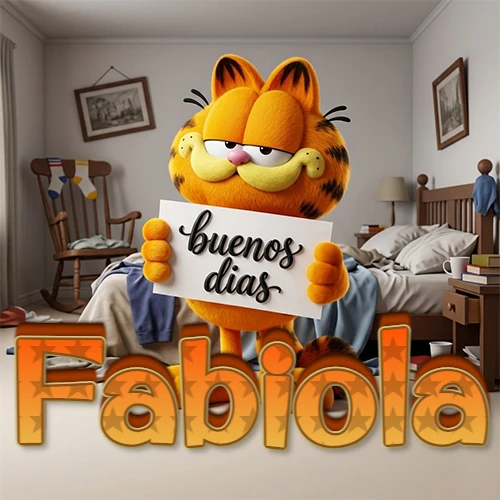 Garfield en dormitorio con pizarra blanca que dice 'Buenos Días', nombre en base 3D degradada naranja abajo. Nombre personalizado: Fabiola.