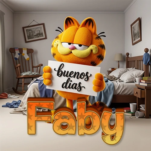 Garfield en dormitorio con pizarra blanca que dice 'Buenos Días', nombre en base 3D degradada naranja abajo. Nombre personalizado: Faby.