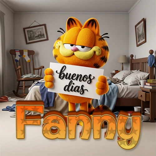 Garfield en dormitorio con pizarra blanca que dice 'Buenos Días', nombre en base 3D degradada naranja abajo. Nombre personalizado: Fanny.