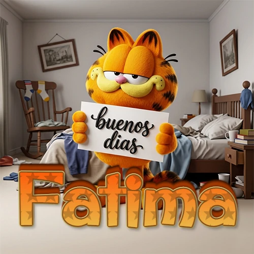Garfield en dormitorio con pizarra blanca que dice 'Buenos Días', nombre en base 3D degradada naranja abajo. Nombre personalizado: Fatima.