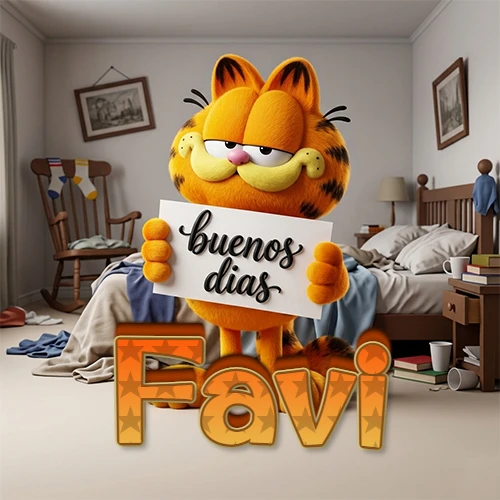 Garfield en dormitorio con pizarra blanca que dice 'Buenos Días', nombre en base 3D degradada naranja abajo. Nombre personalizado: Favi.