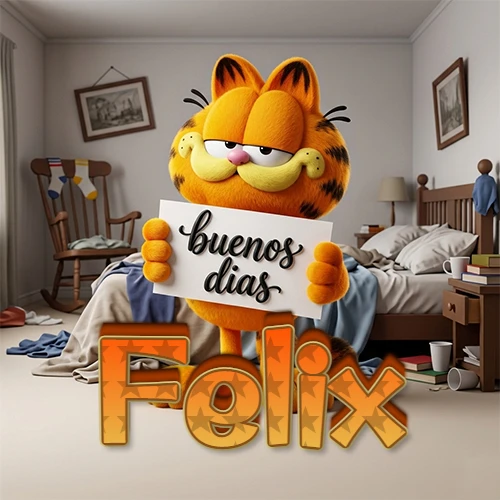 Garfield en dormitorio con pizarra blanca que dice 'Buenos Días', nombre en base 3D degradada naranja abajo. Nombre personalizado: Felix.