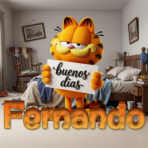 Garfield en dormitorio con pizarra blanca que dice 'Buenos Días', nombre en base 3D degradada naranja abajo. Nombre personalizado: Fernando.