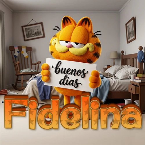 Garfield en dormitorio con pizarra blanca que dice 'Buenos Días', nombre en base 3D degradada naranja abajo. Nombre personalizado: Fidelina.