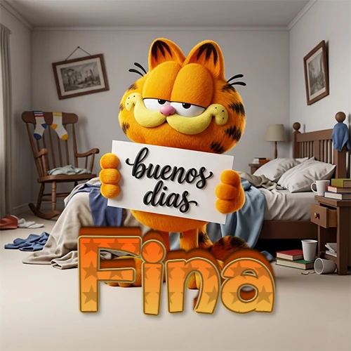 Garfield en dormitorio con pizarra blanca que dice 'Buenos Días', nombre en base 3D degradada naranja abajo. Nombre personalizado: Fina.