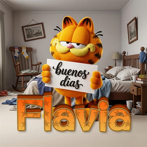 Garfield en dormitorio con pizarra blanca que dice 'Buenos Días', nombre en base 3D degradada naranja abajo. Nombre personalizado: Flavia.